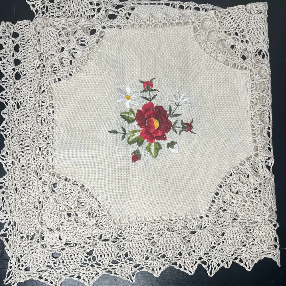 Vintage 34” Handmade Embroidered Tablecloth Rose Floral Square